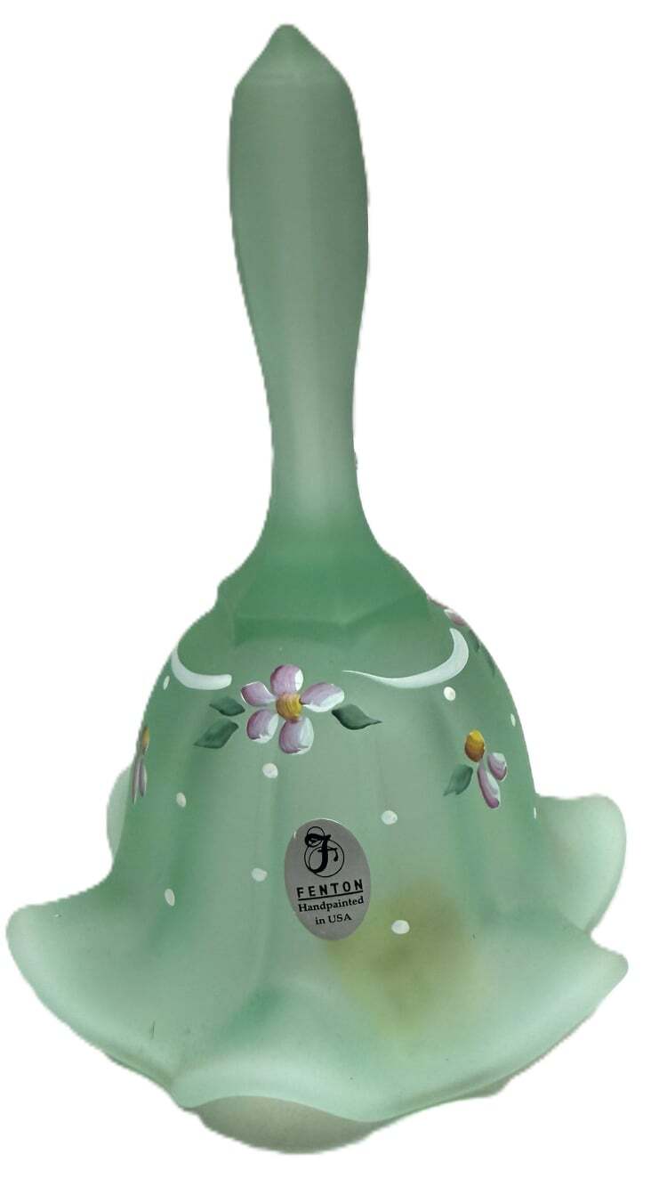 Fenton Dotted Swiss Willow Green Opalescent Satin Bell Signed 6” Beautiful!!!